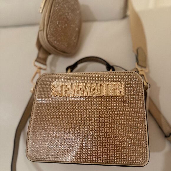 NWT STEVE MADDEN BEVELYN RHINESTONE SATCHEL CROSSBODY BAG W AIR POD CASE GOLD SM - Picture 2 of 6